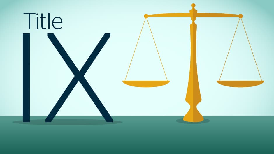 Title IX illustration with a gold balance scale, representing gender equality in education.